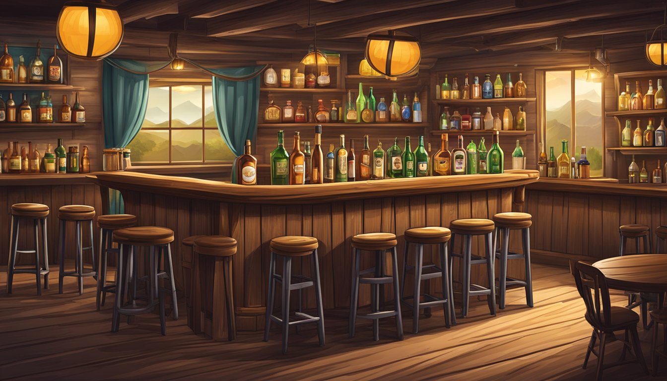 A country bar with a stage, cowboy hats, and bottles of alcohol on tables