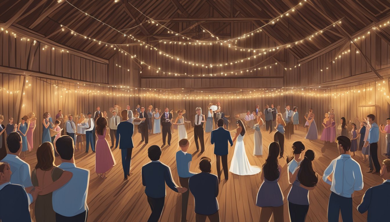 A rustic barn setting with string lights, a live band, and couples dancing to George Strait songs at a country wedding