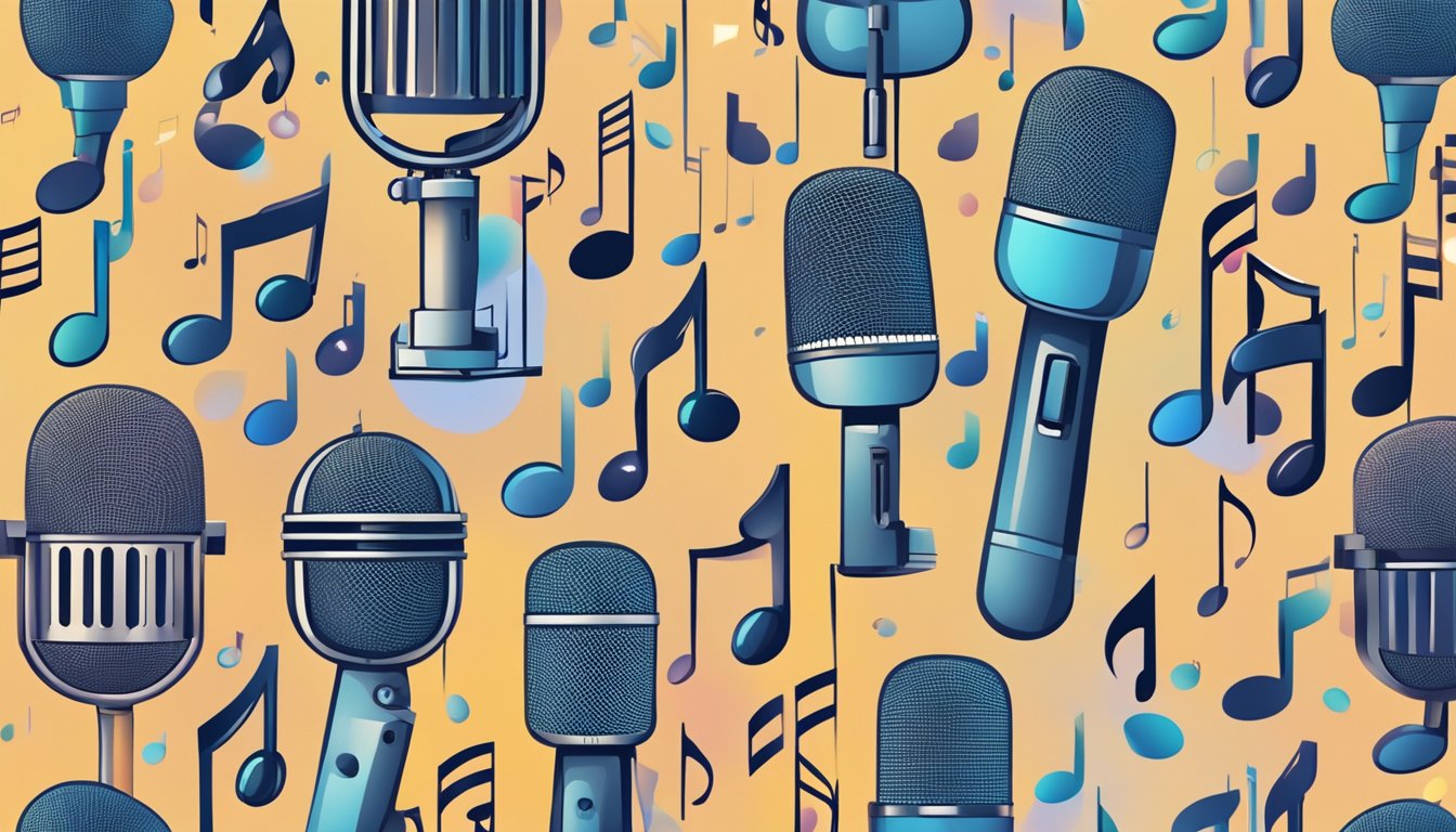 A microphone surrounded by musical notes of varying sizes and shapes, floating in a gradient background representing George Strait's vocal range