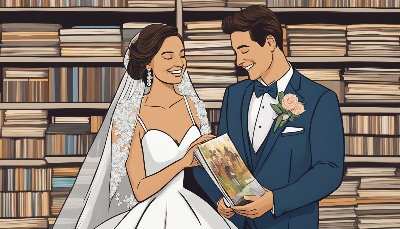 A bride and groom browsing through a stack of George Strait albums, smiling as they select the perfect song for their wedding