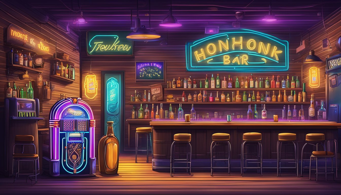 A honky-tonk bar with neon signs, a jukebox, and cowboy hats strewn about. Empty beer bottles and whiskey glasses litter the tables