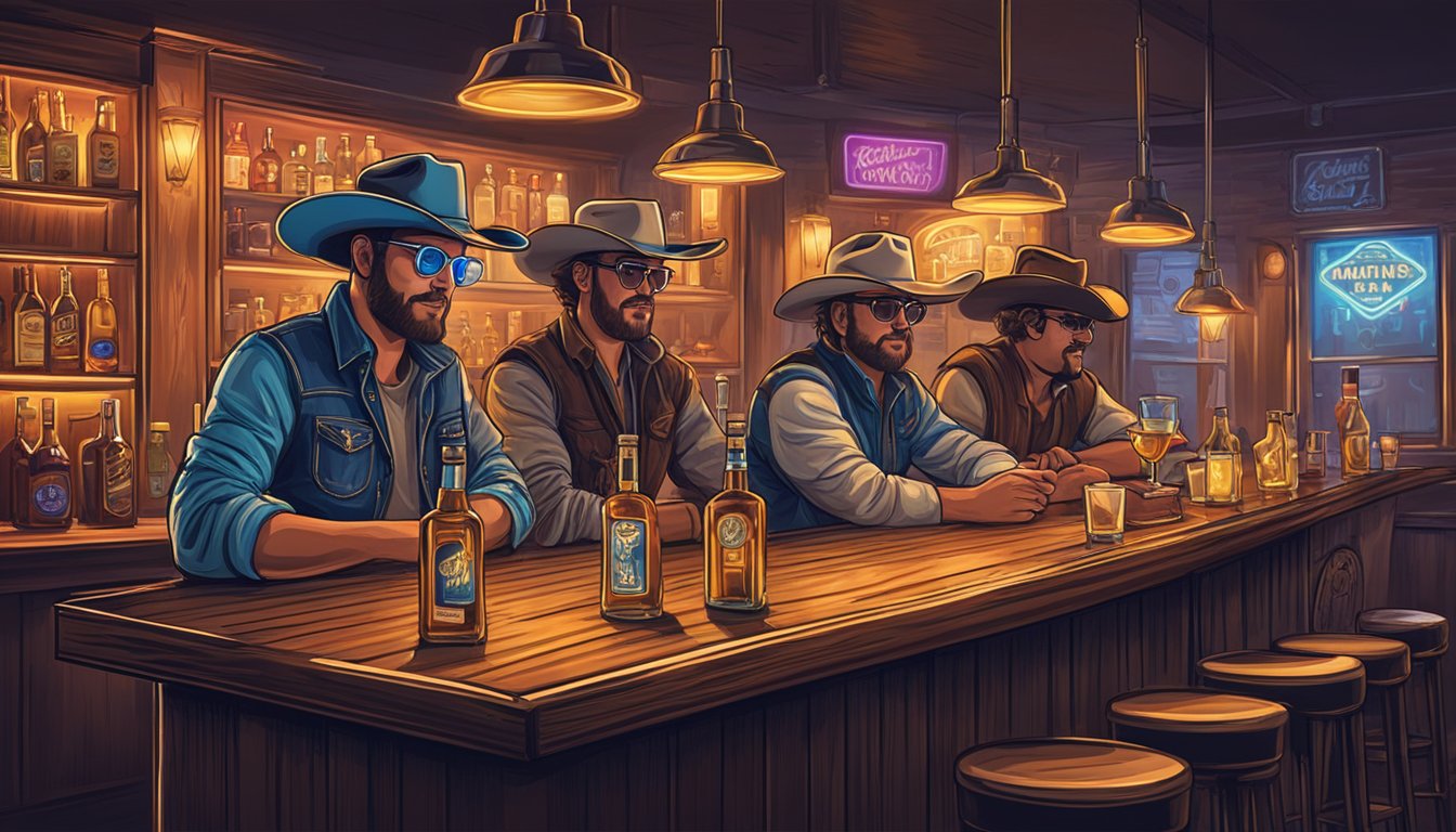 A honky-tonk bar with a neon sign, cowboy hats, and glasses of whiskey on the tables