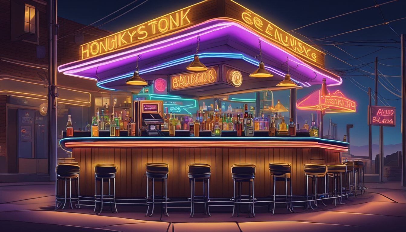 A honky-tonk bar with a neon sign, cowboy hats, and a jukebox playing George Strait songs about alcohol