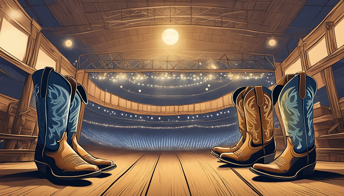 A pair of worn cowboy boots surrounded by cowboy hats and a stage set for a George Strait concert