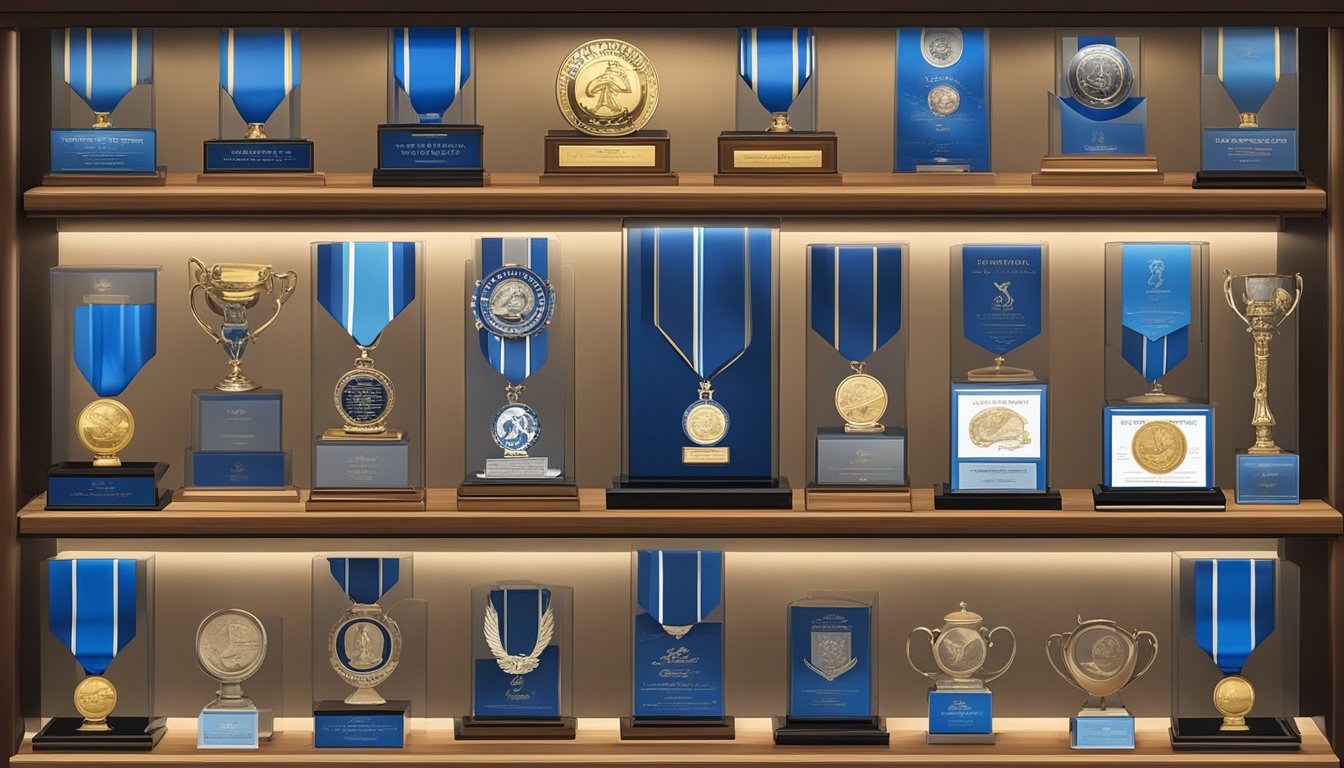 A collection of nine blue ribbon awards arranged in a display case, with a spotlight shining on them, showcasing the achievements of country artist George Strait