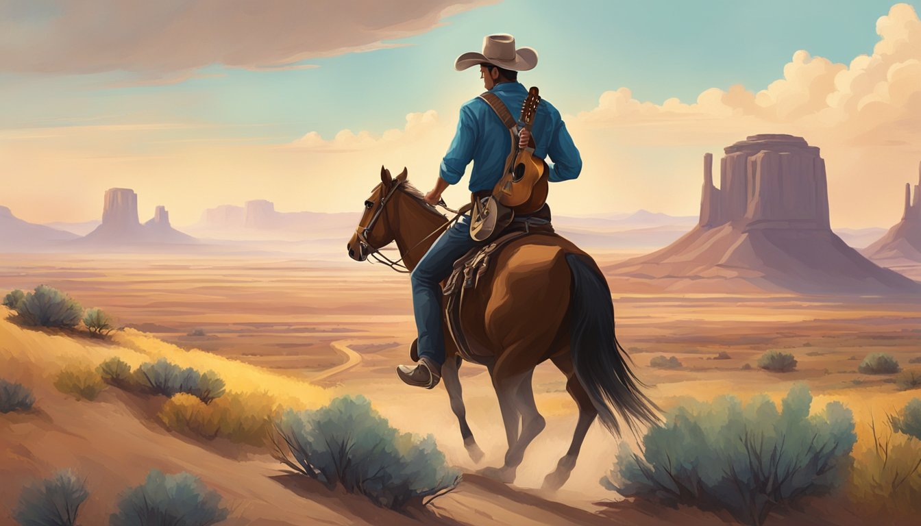 A lone cowboy riding through a vast, open landscape with a guitar slung over his shoulder, surrounded by the elements of nature