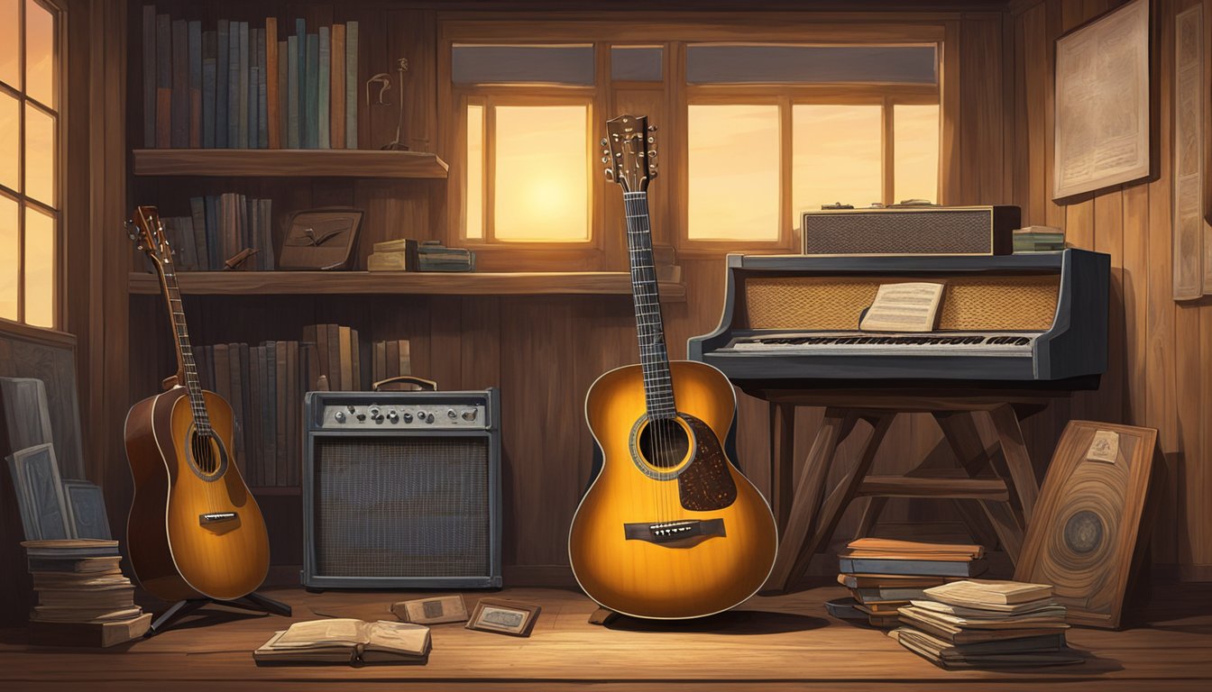 A lone guitar sits on a weathered stage, surrounded by vintage records and awards. The spotlight casts a warm glow, highlighting the legacy of a legendary troubadour