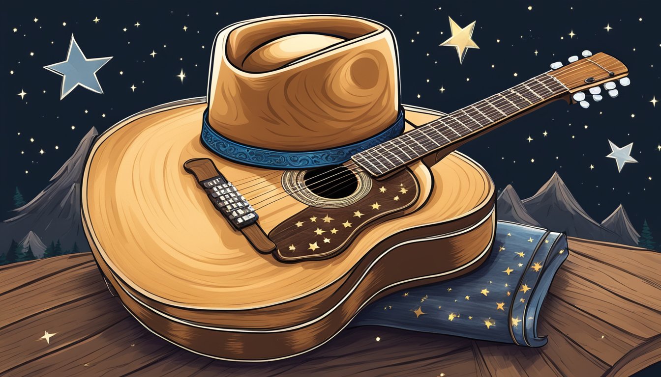 A cowboy hat resting on a weathered guitar, surrounded by a campfire and a starry night sky