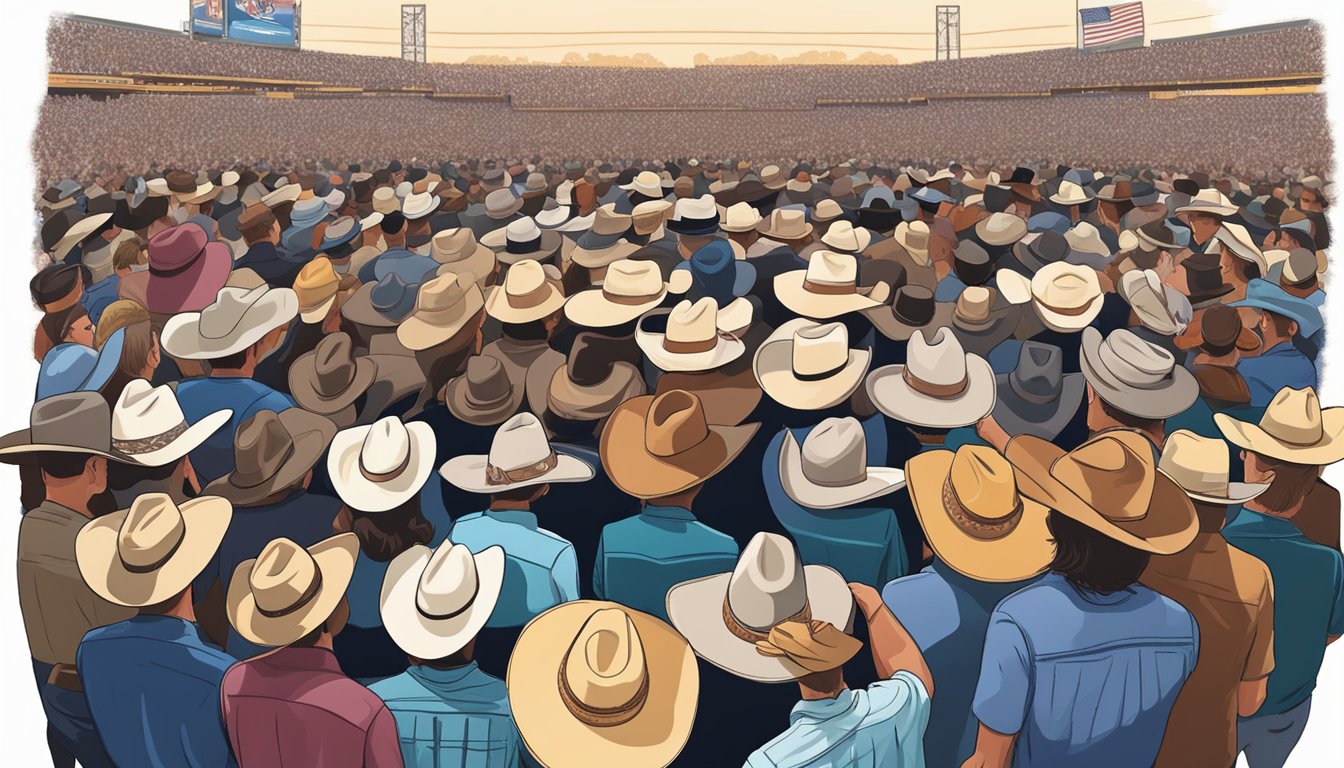 A crowd in George Strait merchandise gathers for a concert, waving cowboy hats and singing along to classic country tunes