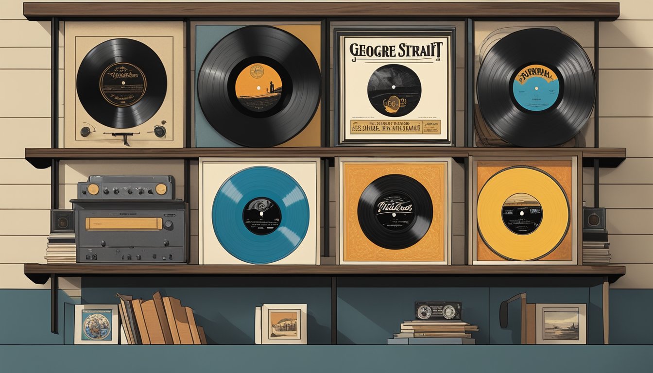 A row of nine vinyl records by George Strait, each with a distinct cover, displayed on a shelf against a backdrop of vintage music posters and memorabilia