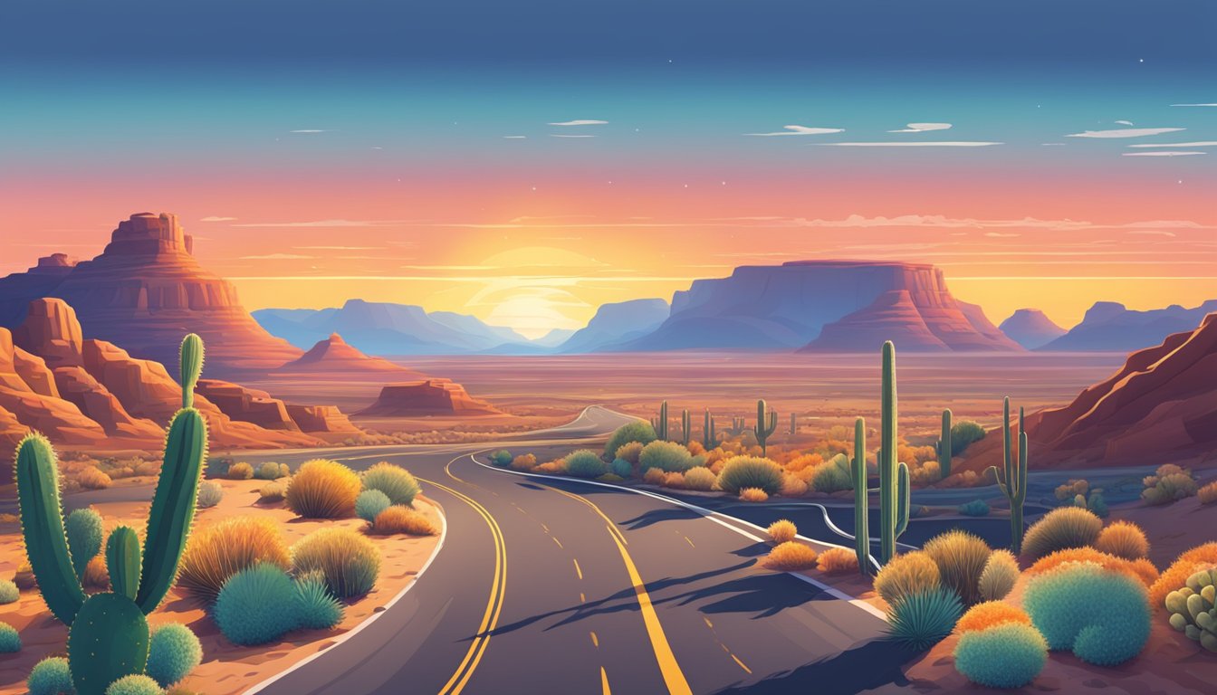 A winding desert highway stretches toward a vibrant sunrise, with cacti and mesas dotting the landscape under a clear blue sky