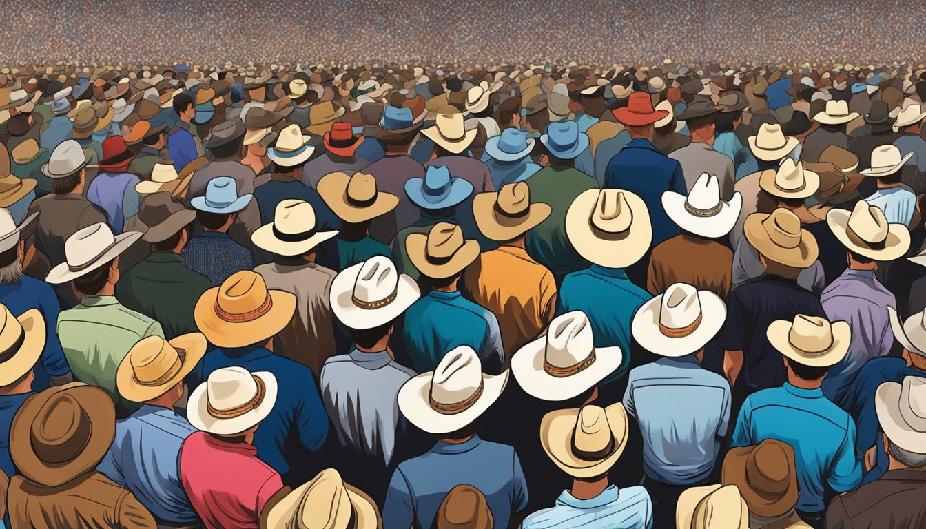 Cowboy boots and hats fill the aisle as the crowd line dances to George Strait's music at the concert