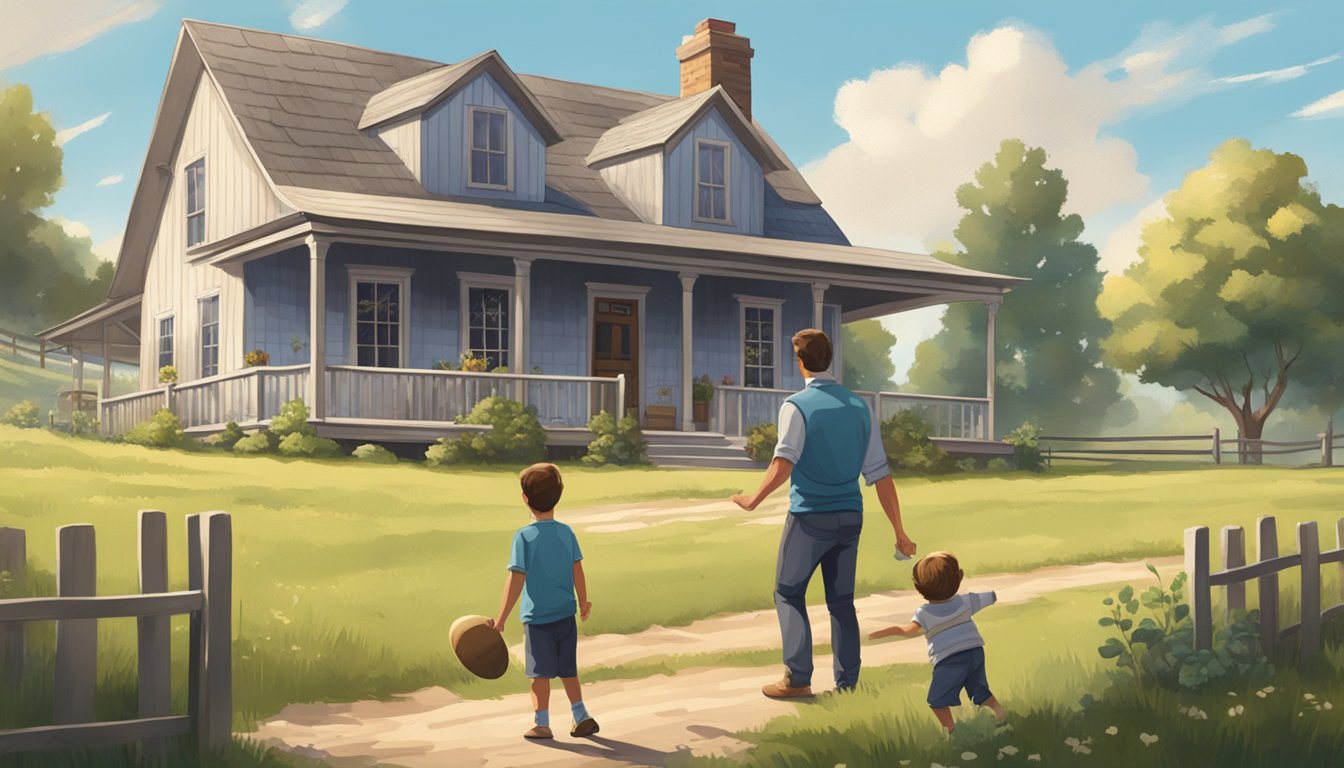 A rustic farmhouse with a front porch, surrounded by rolling hills and a big blue sky. A father and child playing catch in the yard