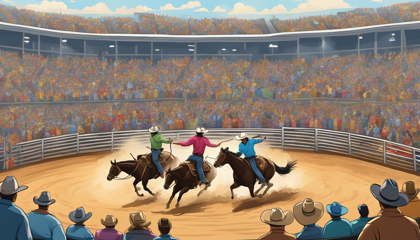 A lively rodeo arena filled with cheering fans, colorful banners, and cowboys riding bucking broncos