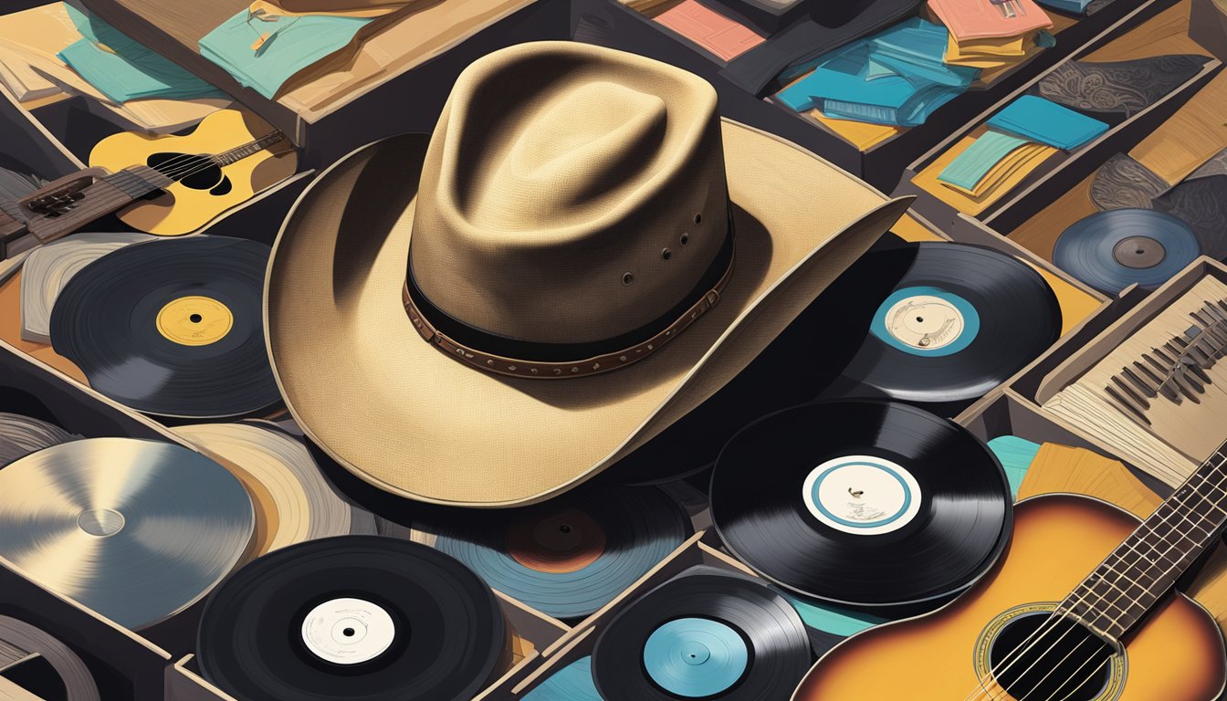 A cowboy hat resting on a guitar case surrounded by a collection of vinyl records