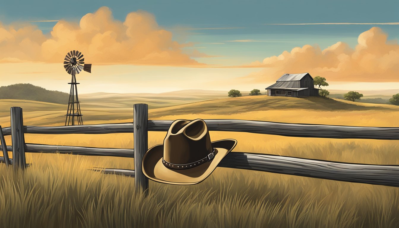 A cowboy hat sits on a weathered fence post, surrounded by rolling hills and a lone windmill, under a big Texas sky