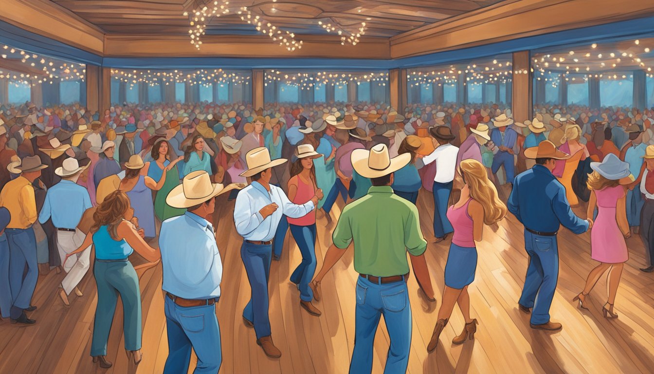 A crowded dance floor filled with couples twirling and swaying to the upbeat melodies of George Strait's music. Stetson hats and cowboy boots add to the lively atmosphere