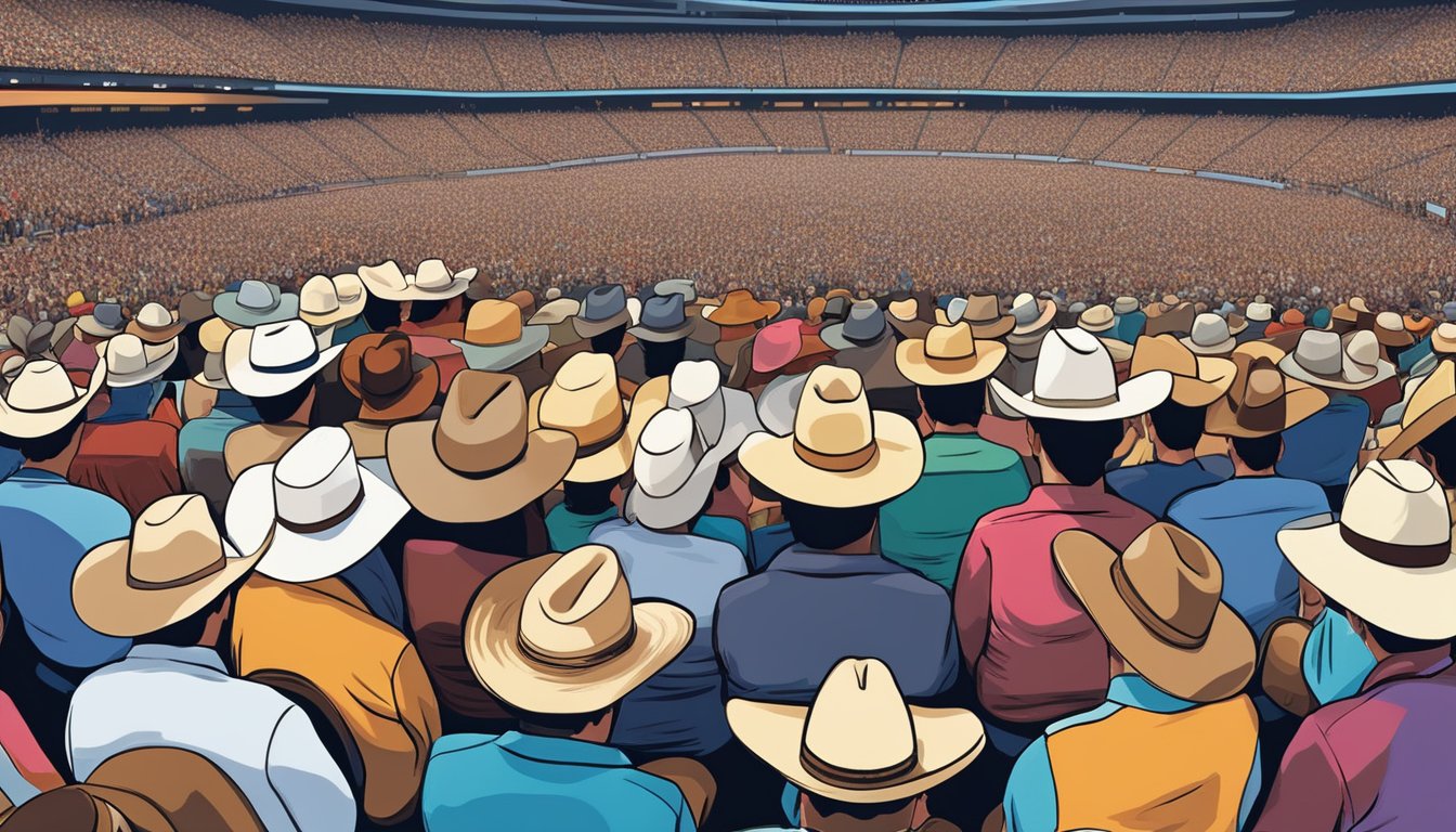 Fans hold up colorful signs at a George Strait concert, depicting his beloved traditions. Cowboy hats and guitars add to the atmosphere