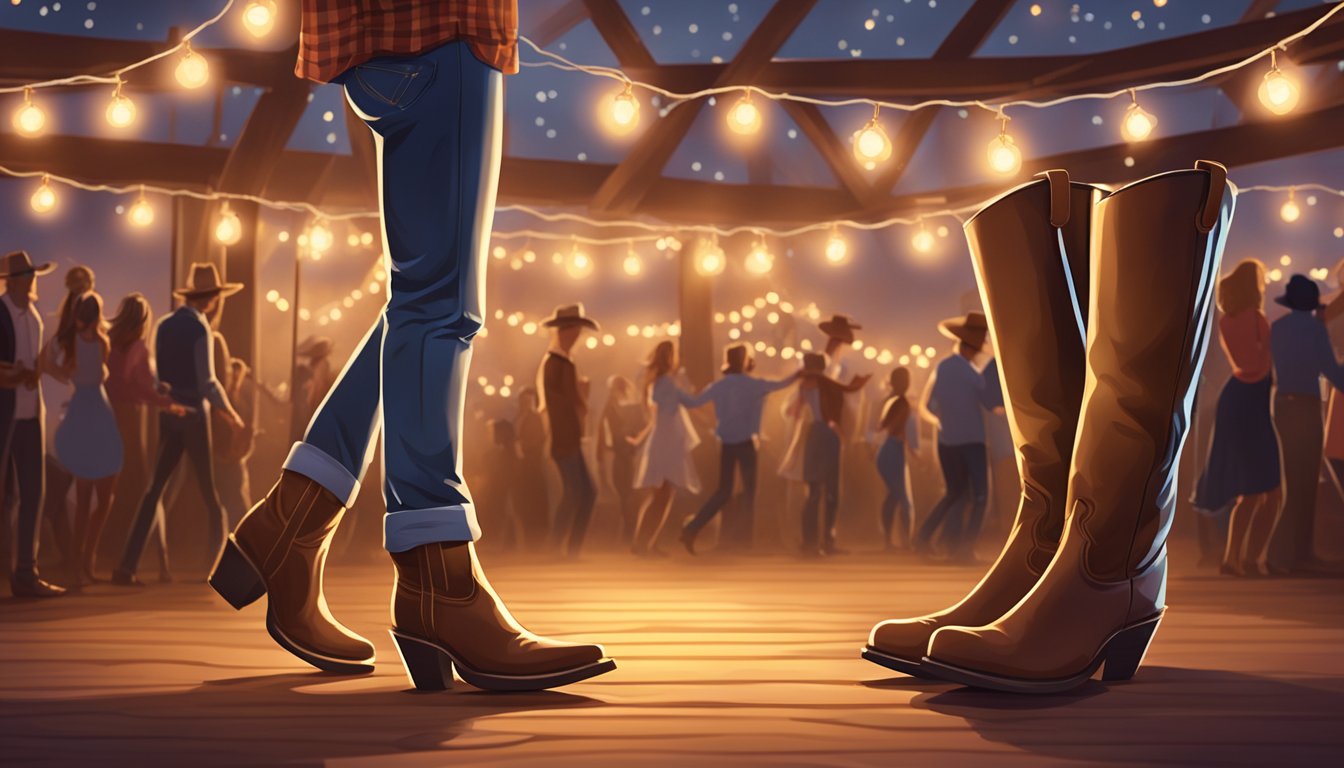 Cowboy boots tapping on a wooden dance floor, couples twirling and spinning to lively country music under the warm glow of string lights