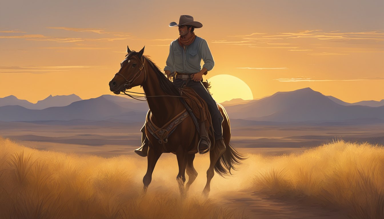 A lone cowboy riding through a vast, golden prairie at dawn