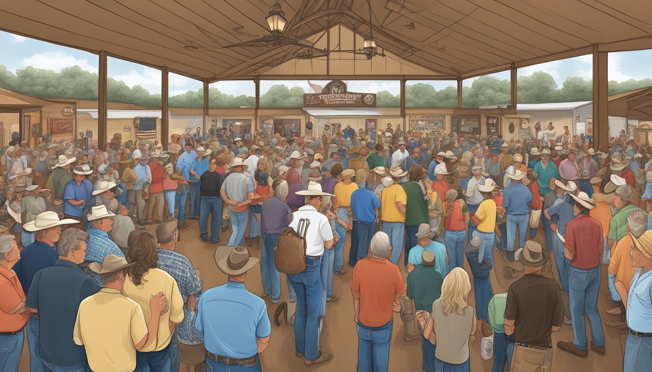 A crowd gathers at a charity event, surrounded by George Strait memorabilia and traditional country music decor