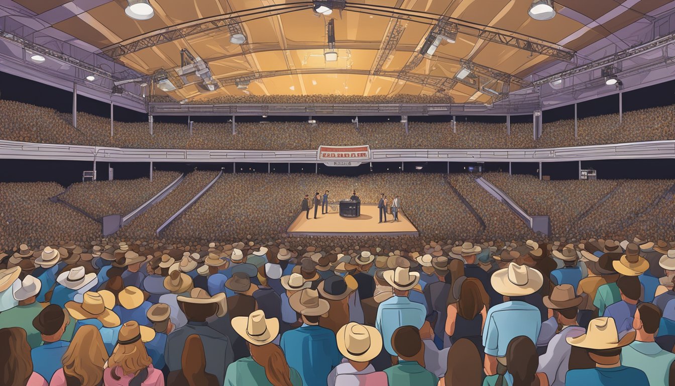 A crowded concert venue filled with enthusiastic fans, cowboy hats, and country music memorabilia, with a stage set for a George Strait performance