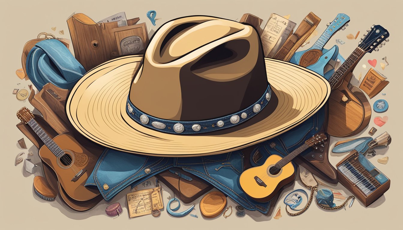 A cowboy hat surrounded by various objects representing George Strait's lyrics, such as a horseshoe, a heart, and a guitar