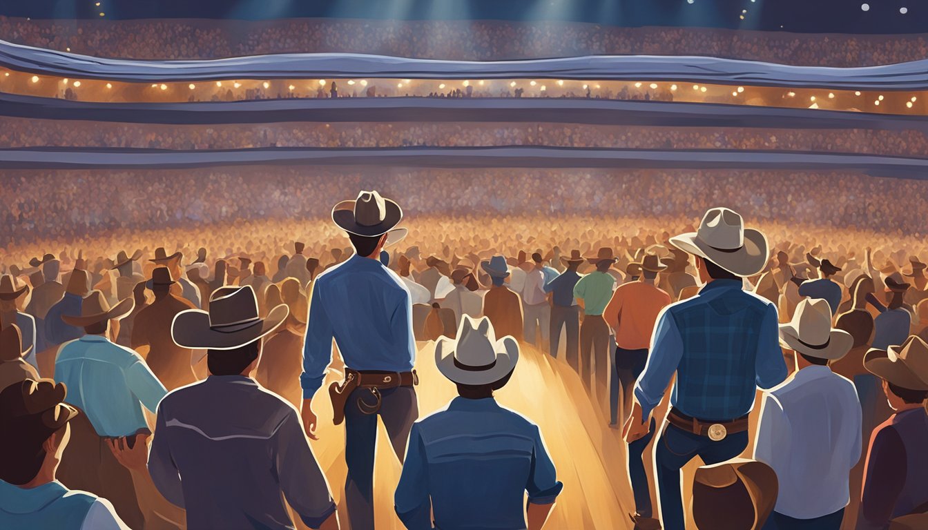 Fans gathered at a country music concert, holding cowboy hats and cheering as George Strait performs on stage. Cowboy boots and Western attire fill the venue, creating a lively and festive atmosphere