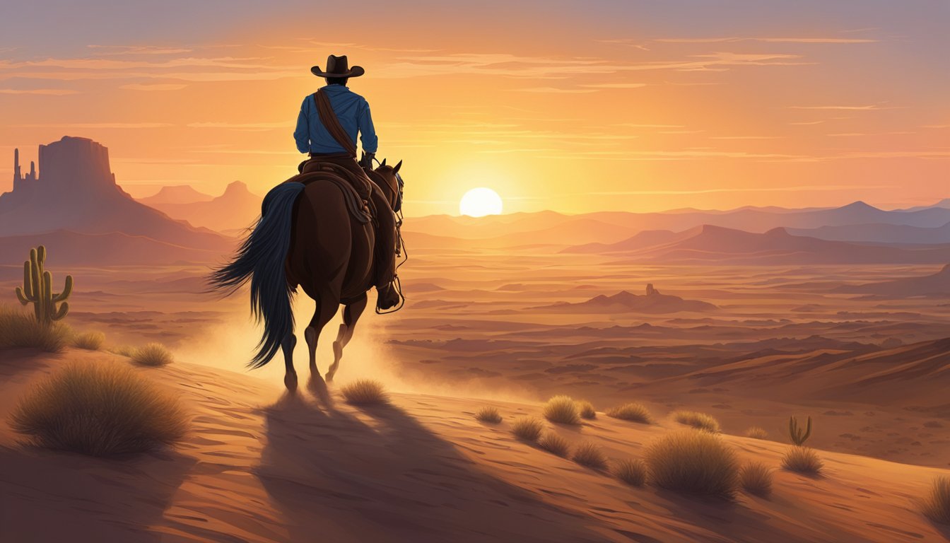 A lone cowboy riding into the sunset, with a vast open desert landscape stretching out behind him