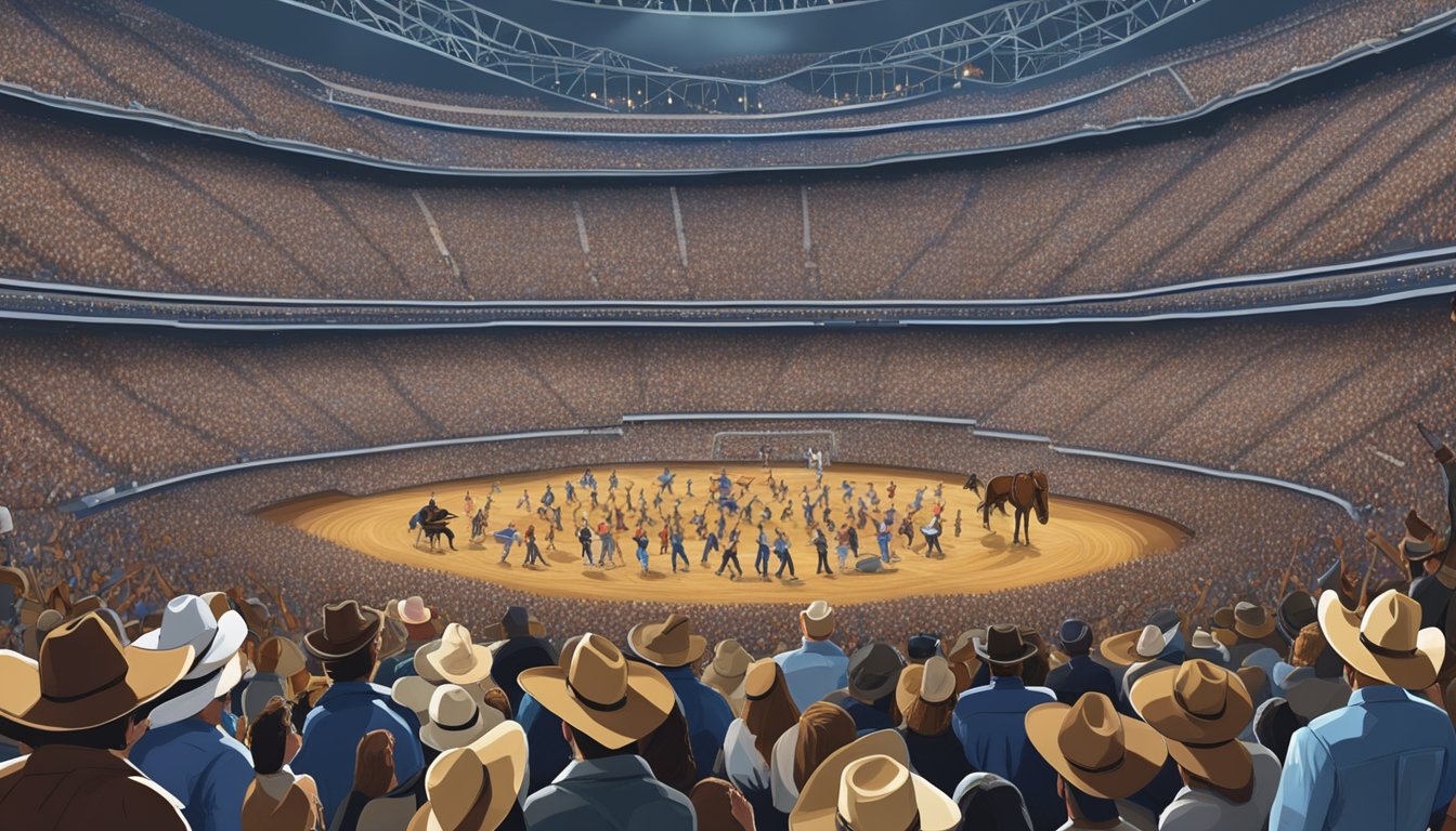 A crowded arena filled with cowboy hats, boots, and cheering fans, as George Strait performs on stage surrounded by traditional country music instruments