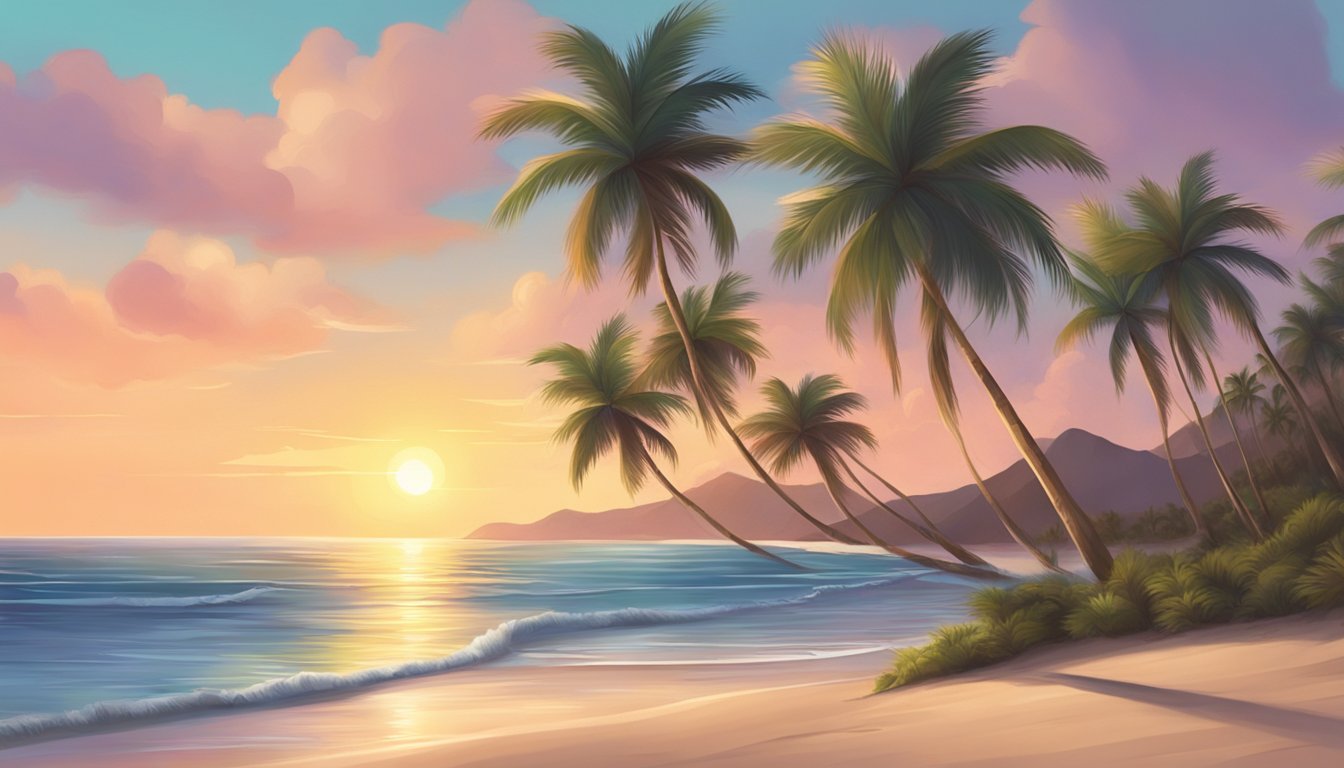 A serene beach at sunset, with palm trees swaying in the breeze and gentle waves rolling onto the shore