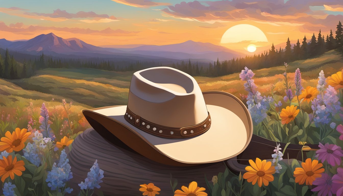 A cowboy hat resting on a guitar, surrounded by wildflowers and a sunset