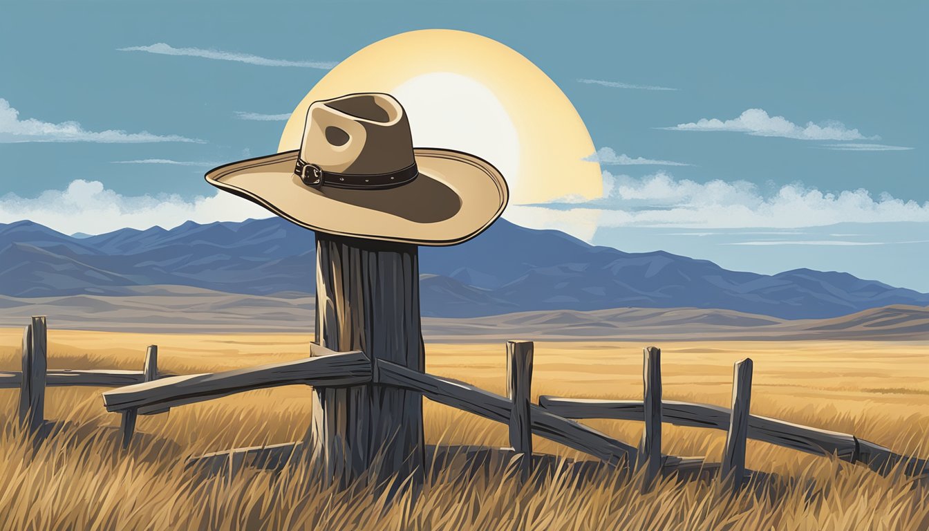 A lone cowboy hat resting on a weathered fence post against a backdrop of a vast, open blue sky