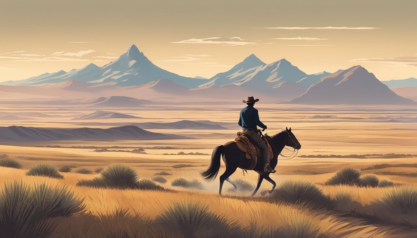 A lone cowboy riding through a vast, open prairie, with a guitar slung over his shoulder and a distant mountain range on the horizon