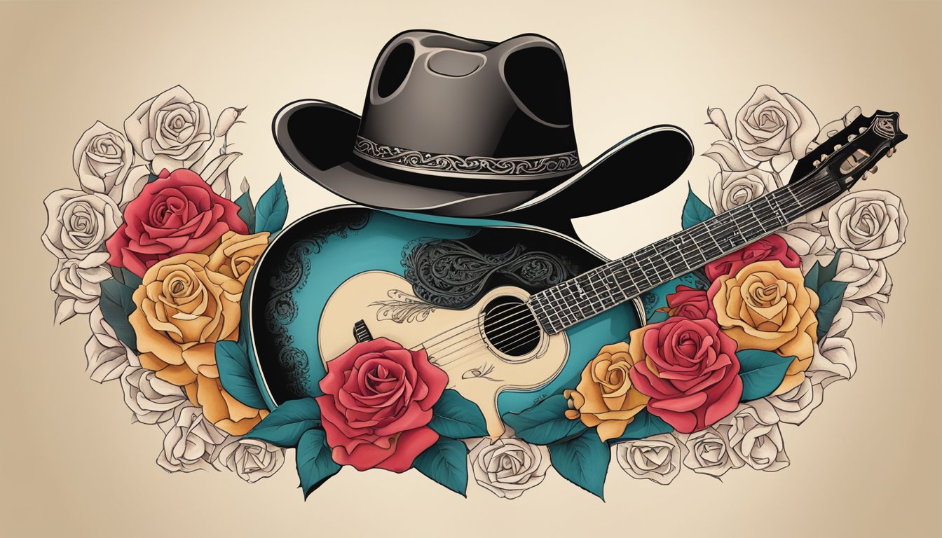 A heart-shaped tattoo with a cowboy hat and guitar, surrounded by roses and a banner with the lyrics "You Look So Good in Love" in elegant script