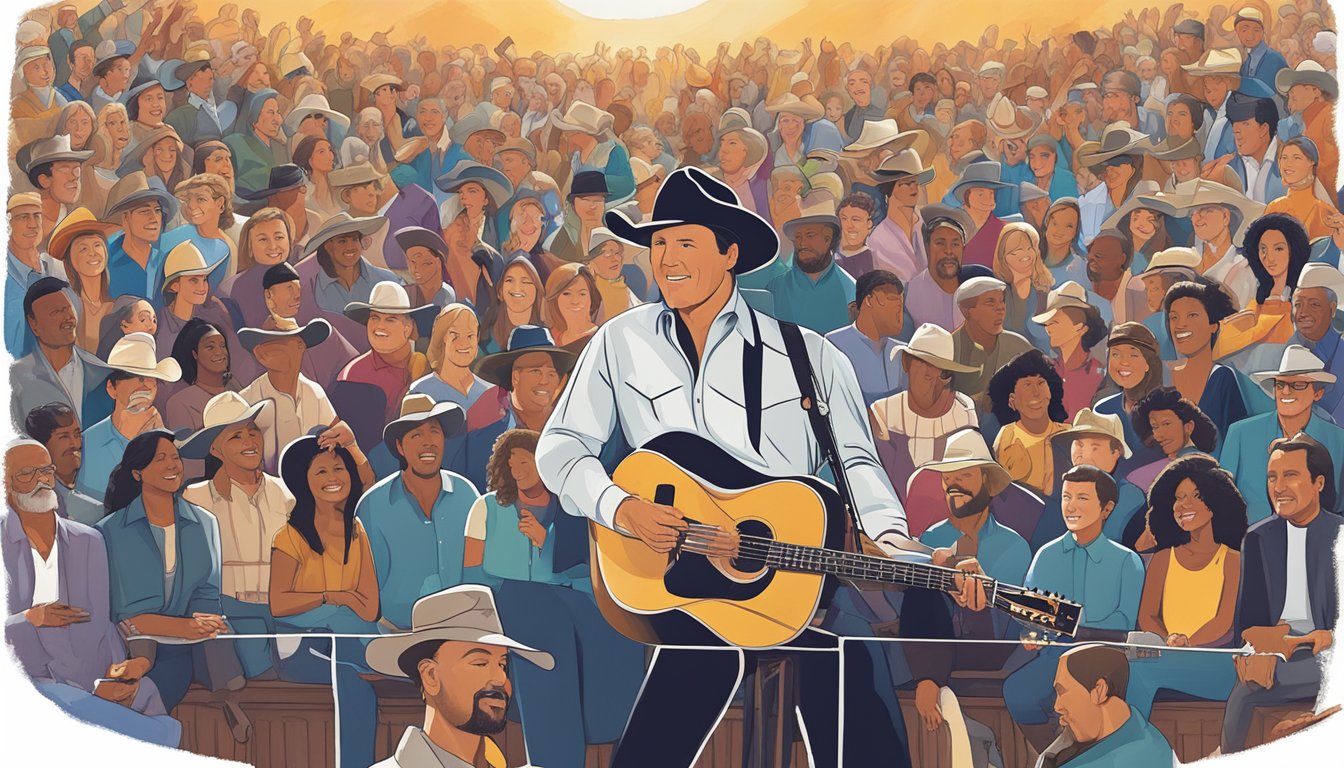 George Strait performing on stage, surrounded by a diverse audience. Each song title displayed as a backdrop, showcasing his storytelling style through music