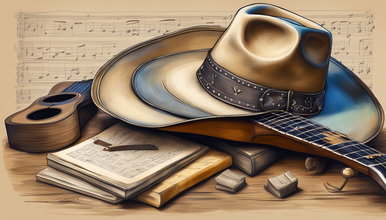 A cowboy hat resting on a weathered guitar, surrounded by a collection of handwritten lyrics