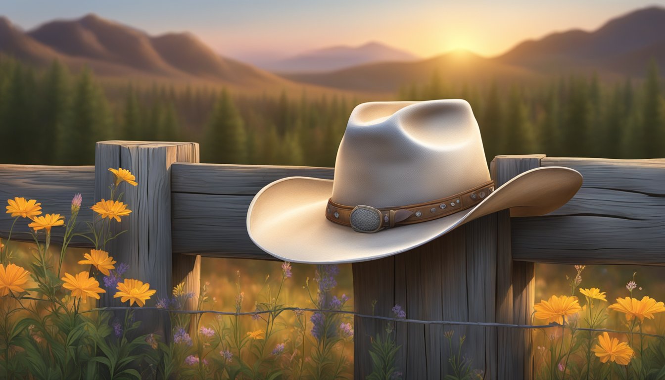 A cowboy hat resting on a weathered wooden fence, surrounded by wildflowers and a distant sunset