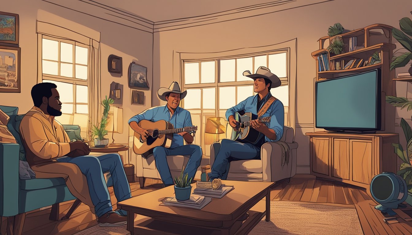 George Strait's music blares from a TV in a dimly lit living room, as characters in a movie or TV show gather around, enjoying the familiar tunes