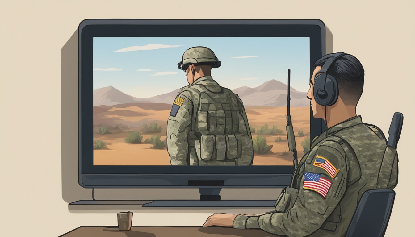 A soldier in uniform listens to George Strait's music while watching movies and TV shows on a screen