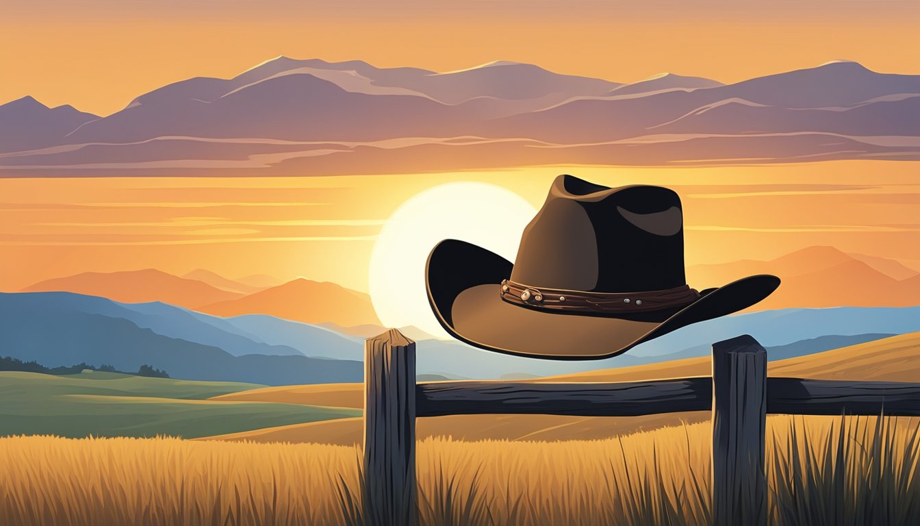 A lone cowboy hat sits on a weathered wooden fence post, surrounded by rolling hills and a setting sun