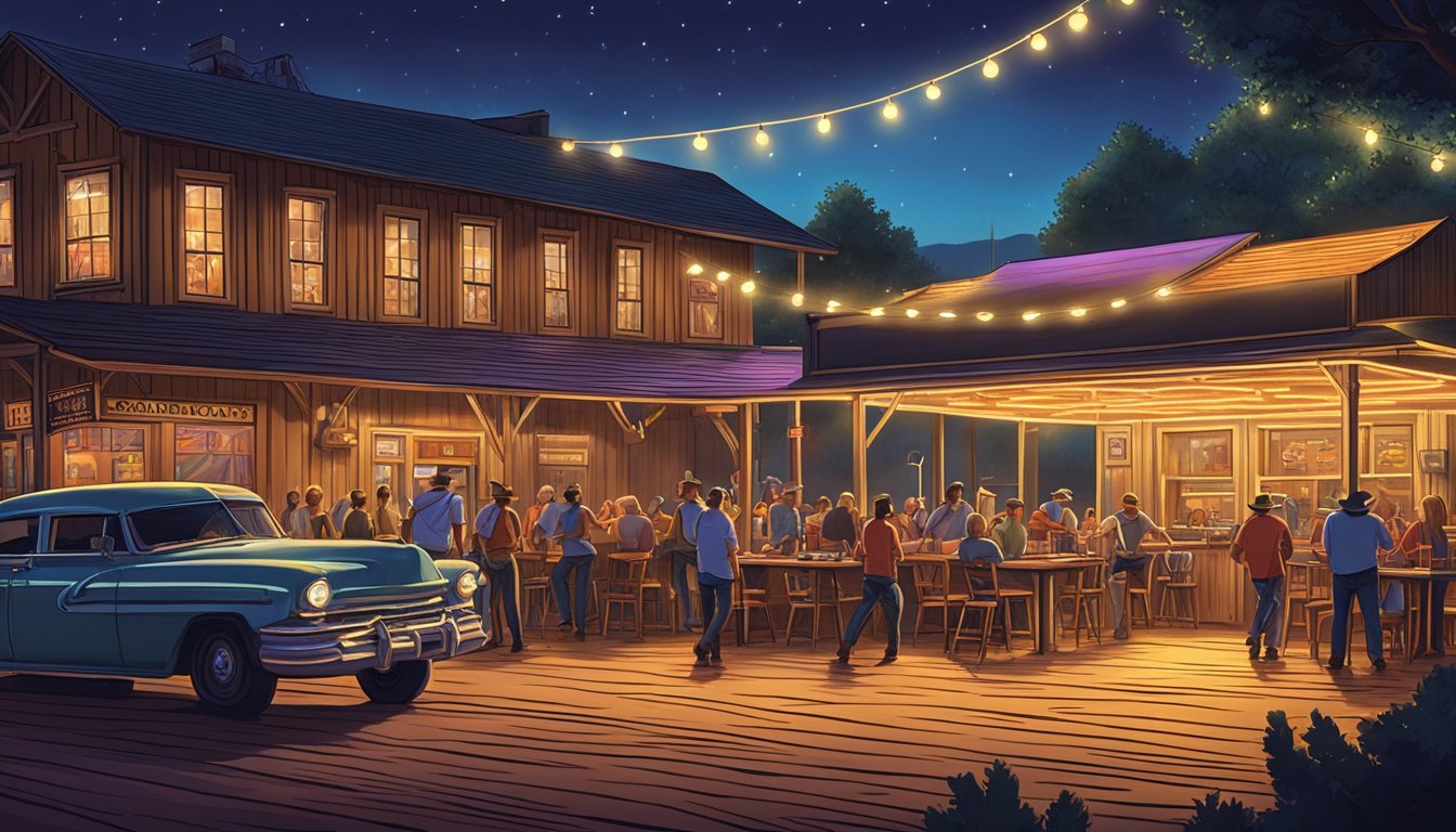 A country roadhouse with neon lights and a stage, where George Strait's music plays while people dance and enjoy the atmosphere