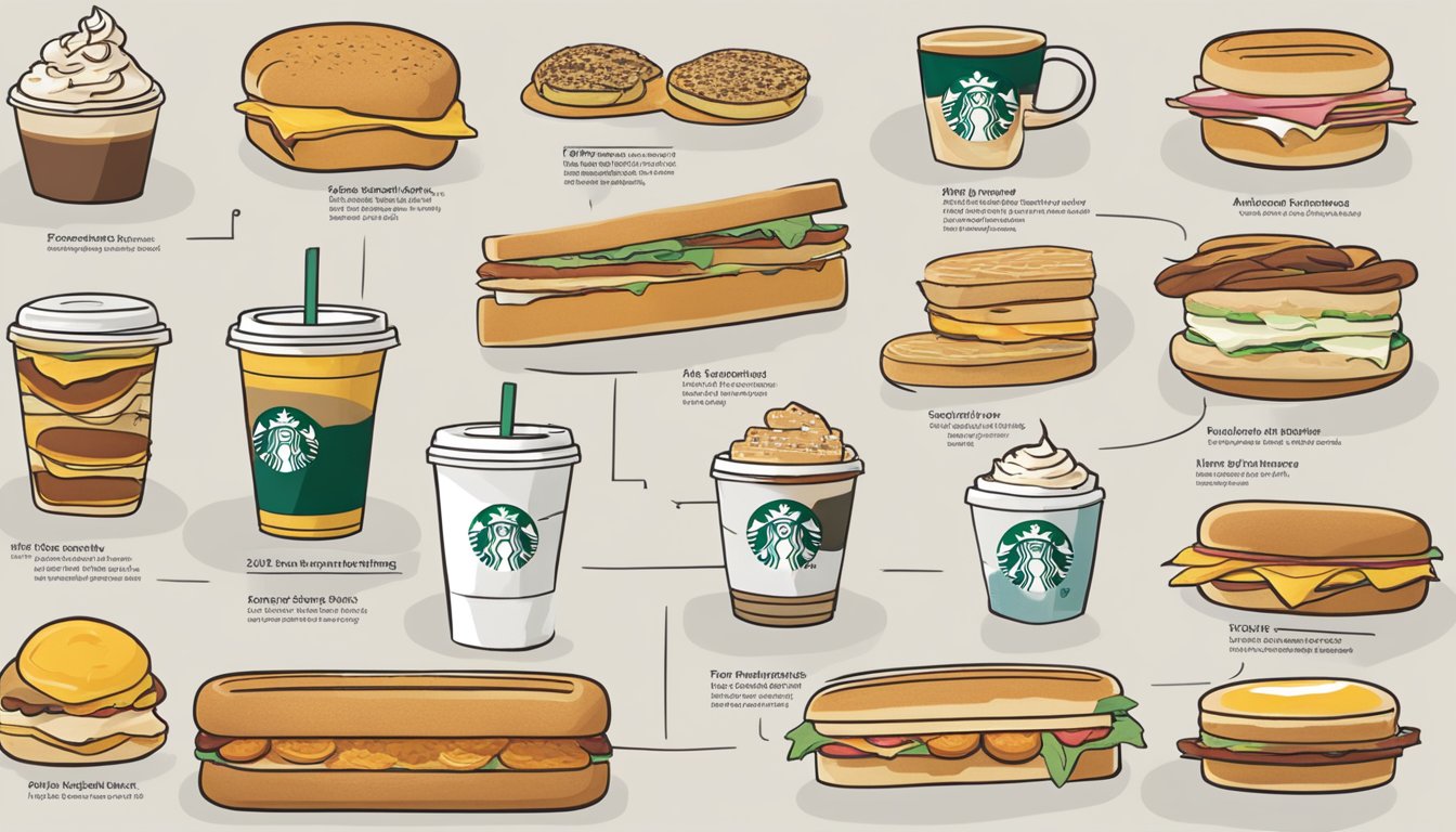 A table with a variety of Starbucks breakfast sandwiches displayed alongside a timeline showing the evolution of the offerings