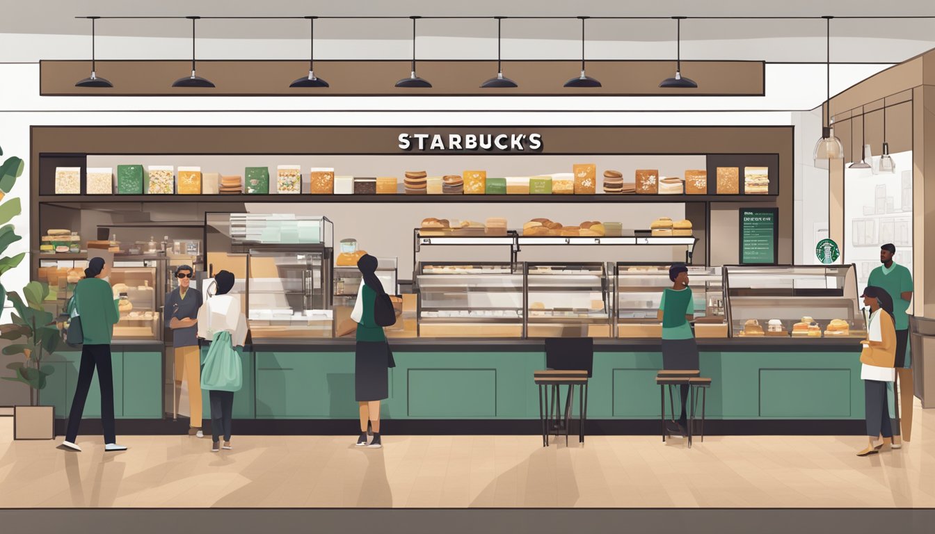 A bustling Starbucks store with a display of breakfast sandwiches on a sleek, modern counter. Customers stand in line, chatting and sipping coffee