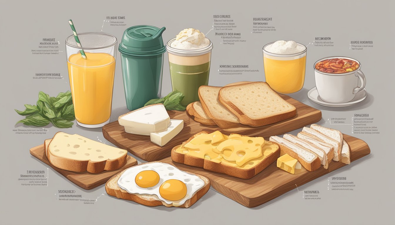 A table with various ingredients like eggs, bacon, cheese, and bread, along with nutritional information charts and evolution timeline of Starbucks' breakfast sandwiches