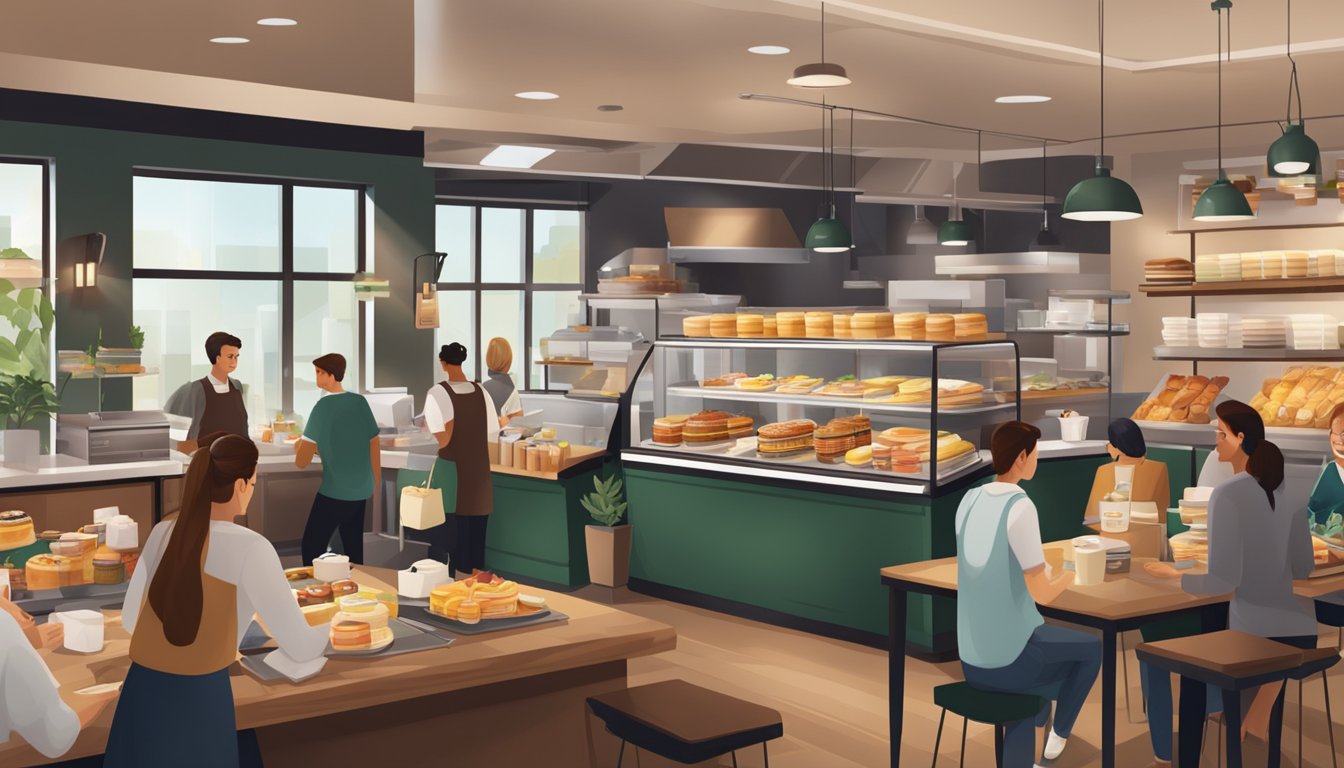 A bustling Starbucks cafe with a display of breakfast sandwiches and pastries, customers enjoying their morning meals, and employees preparing and serving food