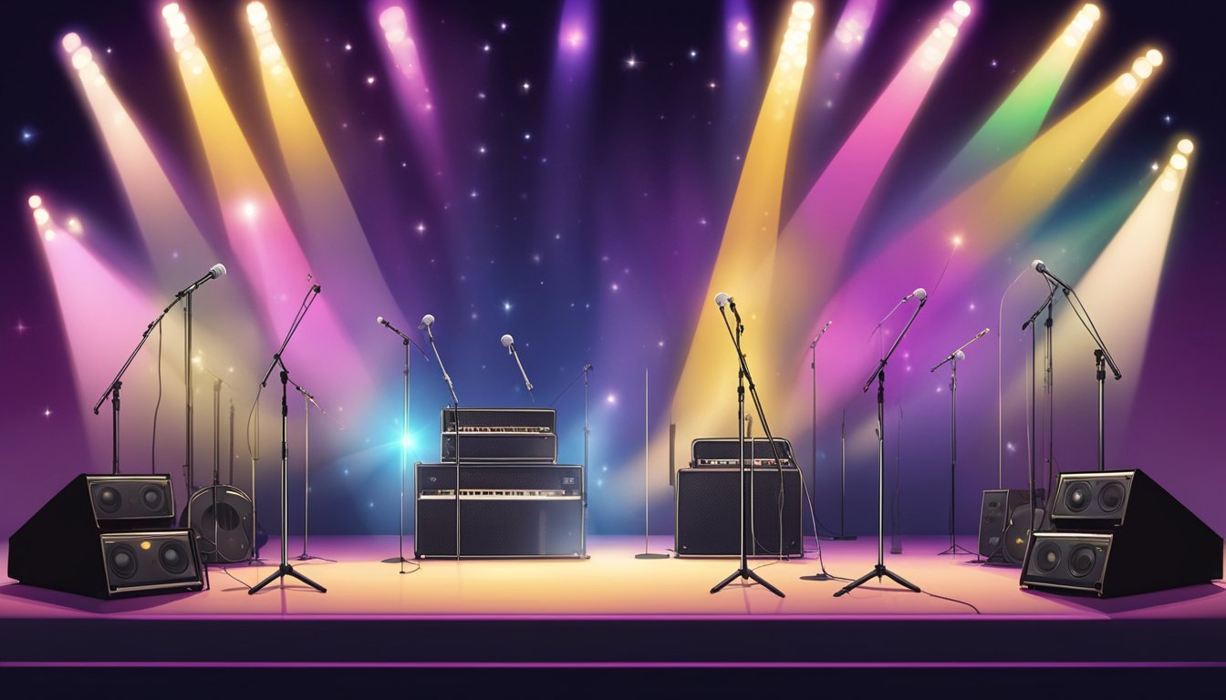 A lone microphone stands on a grand stage, surrounded by instruments and amplifiers. The spotlight shines down, ready for a performance of impeccable musicianship