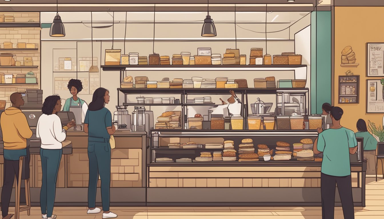 A busy Starbucks cafe with a display case of breakfast sandwiches and a barista serving a customer