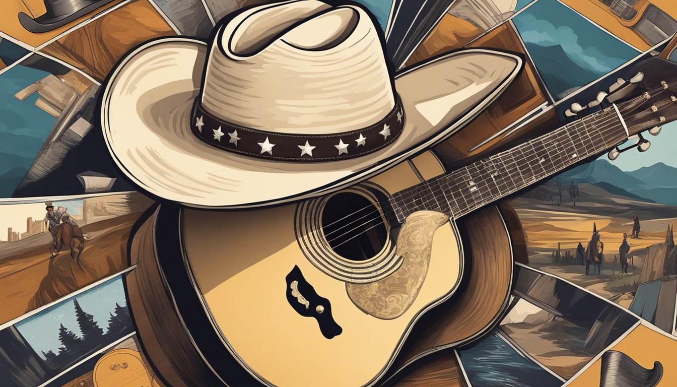 A cowboy hat rests on a weathered acoustic guitar, surrounded by images of iconic movie and TV show scenes