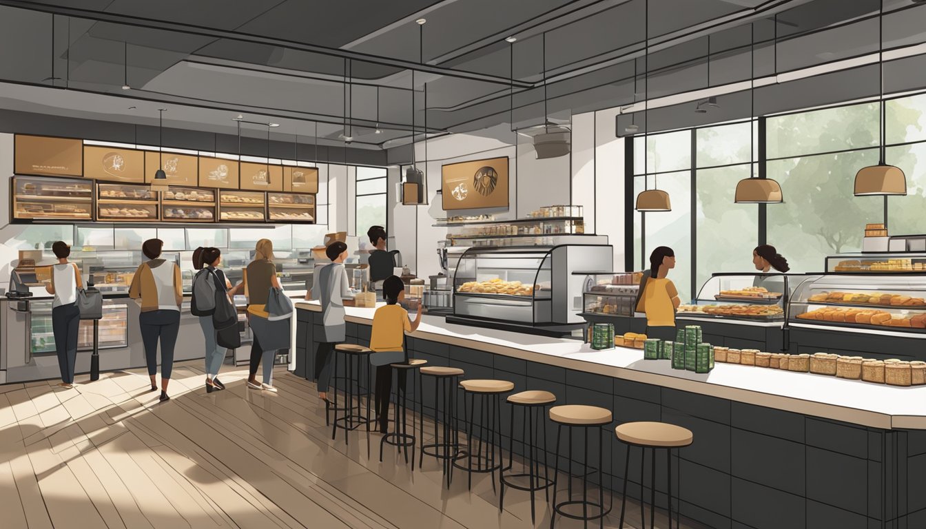 A bustling Starbucks store with a display of various breakfast sandwiches and pastries on a sleek, modern counter. Customers eagerly await their orders while sipping on freshly brewed coffee